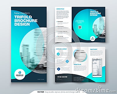 Tri fold brochure design. Teal, orange corporate business template for tri fold flyer. Layout with modern circle photo Vector Illustration