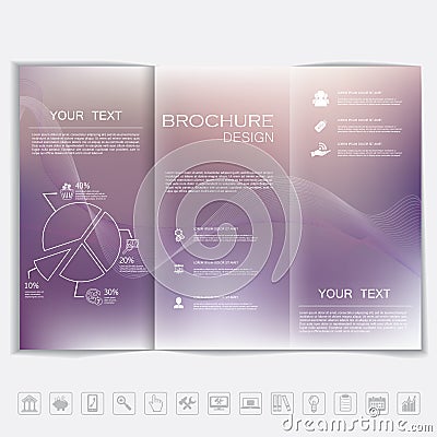 Tri-Fold Brochure mock up vector design. Smooth unfocused bokeh background with waves. Vector Illustration