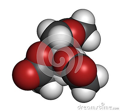 Triacetin (glycerin triacetate) molecule. 3D rendering. Atoms are represented as spheres with conventional color coding: hydrogen Stock Photo