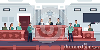 Trial. Courtroom interior with judges and jury sitting at tables. Justice process. Advocate defends rights of accused Vector Illustration