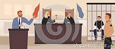 Trial in courtroom. Prosecutor giving speech. Judges at wooden rostrum. Sad defendant is behind bars. Security guard and Vector Illustration