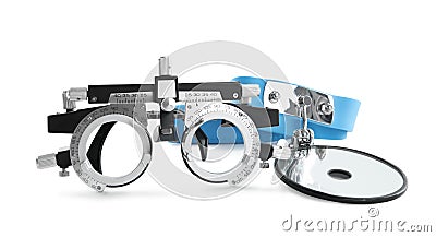 Trial frame and head mirror on white background. Ophthalmologist tools Stock Photo