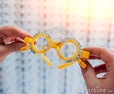 Trial frame of test glasses. Modern equipment. Stock Photo