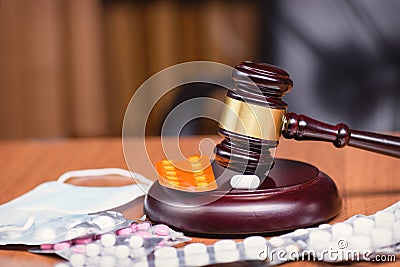 Trial on medics. Forensic Medicine. Drug fraud. Illicit drug trafficking. Stock Photo