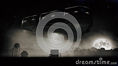 Triangle Alien Spacecraft Over Farm At Night Cartoon Illustration