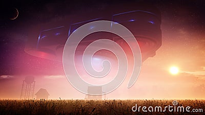 Triangle Alien Spacecraft Over Farm At Sunset Cartoon Illustration