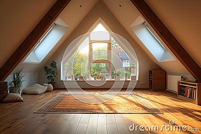 Triangle attic room modern dormer loft conversion interior in apartment Stock Photo