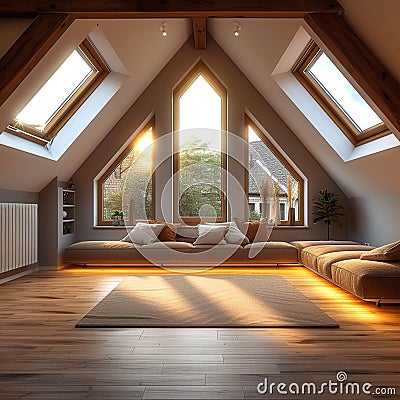 Triangle attic room modern dormer loft conversion interior in apartment Stock Photo