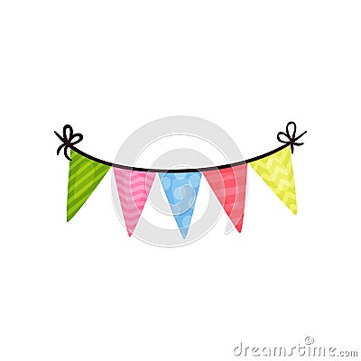 Triangle bunting flags with various patterns. Colorful accessory for Birthday party. Decoration element of invitation or Vector Illustration