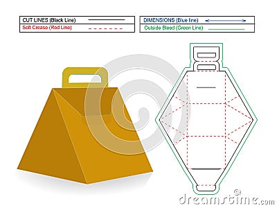 Triangle food box dieline template with handle for bottle, mug, cosmetic. Vector Illustration