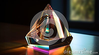 Triangle glass prism on wooden table Stock Photo