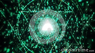 triangle green digital matrix core tunnel of binar lights, neon glowing rays loop in motion into digital ai or iot Stock Photo