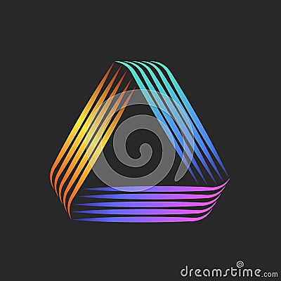 Triangle logo triangular geometric shape, overlap thin parallel lines, colorful vibrant gradient weaving linear pattern Vector Illustration