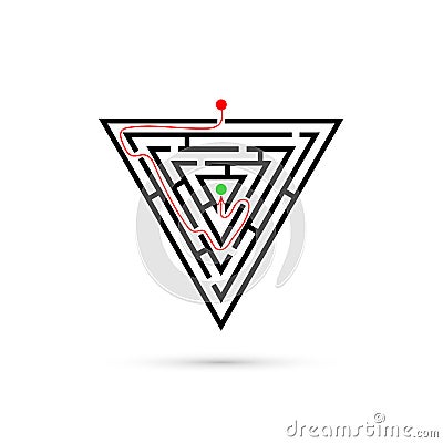 Triangle maze with way to center. Business confusion and solution concept. Flat design. Vector illustration isolated on white Vector Illustration