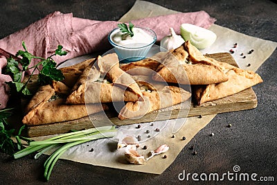 Triangle meat or chicken pie with potatoes, sour cream, onions, garlic and spices Stock Photo