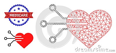 Triangle Mesh Electric Heart Icon and Scratched Bicolor Medicare Watermark Cartoon Illustration