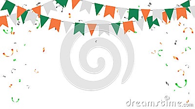 triangle pennants chain and confetti for ireland color concept. birthday party Vector Illustration