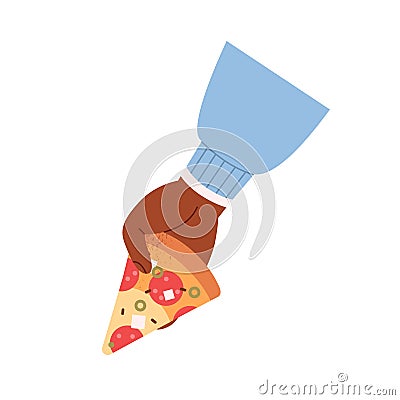 Triangle pizza piece in hand. Holding, taking Italian fast food slice,traditional snack with salami, pepperoni sausage Vector Illustration