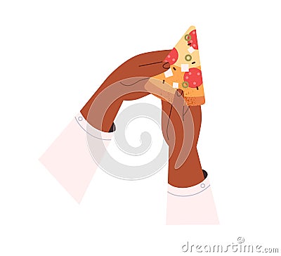 Triangle pizza piece with salami sausage. African-American hands taking, holding cut Italian snack, food slice with Vector Illustration