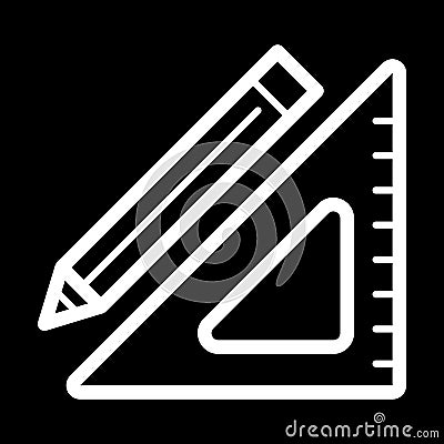 Triangle ruler and a pencil vector icon. Black and white illustration of school tools . Outline linear education icon. Vector Illustration