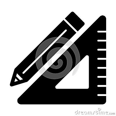 Triangle ruler and a pencil vector icon. Black and white illustration of school tools . Solid linear education icon. Vector Illustration