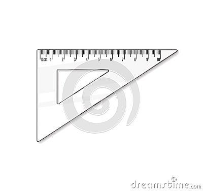 Triangle ruler ten cm. Vector math geometry transparent plastic school and office accessories. Centimeter scale. Graphic realistic Cartoon Illustration