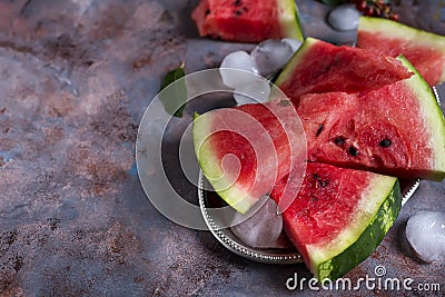 Triangle shaped watermelon slices placed Stock Photo