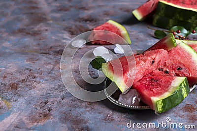 Triangle shaped watermelon slices placed Stock Photo