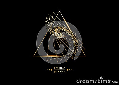 Triangles according to fibonacci series and golden ratio. Sequence golden section, divine proportion and shiny gold geometric sign Vector Illustration