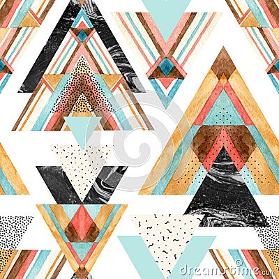 Triangles with aztec ornament, watercolor, doodle, black marble textures. Cartoon Illustration