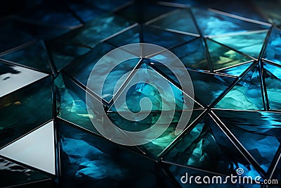 Triangles interplay, blending deep blue, green, white, and dynamic cyan, captivating panorama Stock Photo