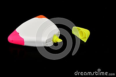 Triangular highlighter marker with three different colors. Stock Photo