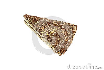 Triangular piece of walnut cake. Fresh pastries, top view. Close-up, isolate Stock Photo