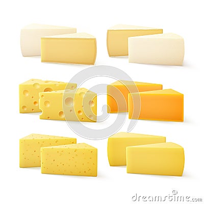 Triangular Pieces of Various Kind of Cheese Swiss Cheddar Bri Parmesan Camembert Close up on White Background Vector Illustration
