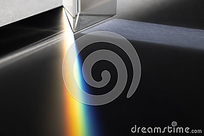 Triangular Prism dispersing sun beam splitting into a spectrum on white background Stock Photo