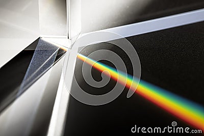 Triangular Prism dispersing sun beam splitting into a spectrum on white background Stock Photo