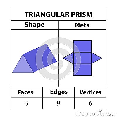Triangular prism Nets, faces, edges, and vertices. Geometric figures are set isolated on a white backdrop. Vector Illustration