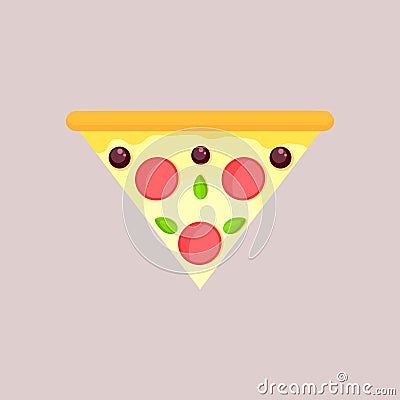 Triangular slice of cheese pizza with olive,basil and pepperoni. Stock Photo