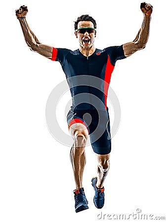 Triathlete triathlon runner running silhouette isolated white b Stock Photo