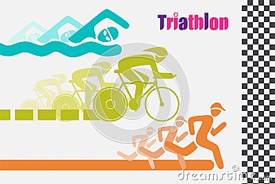 Triathletes are swimming running and cycling icon in colorful racing to the finish line. Vector Illustration