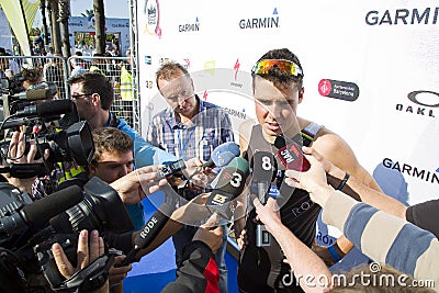 Triathlon Barcelona - Javier Gomez Noya interview Editorial Stock Photo