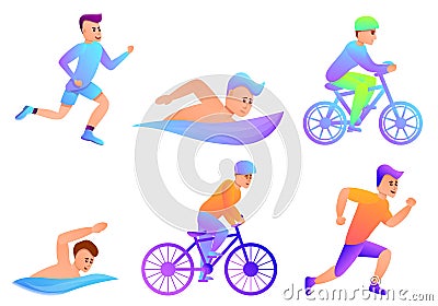 Triathlon icons set, cartoon style Vector Illustration