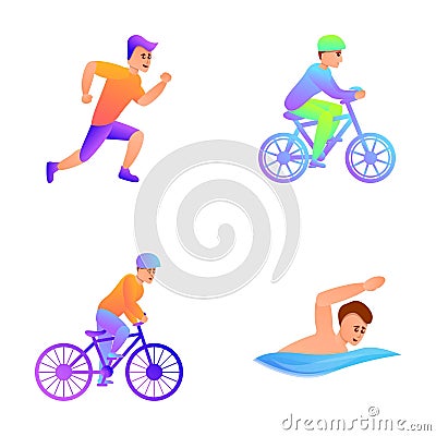 Triathlon icons set cartoon vector. Male athlete during competition Vector Illustration