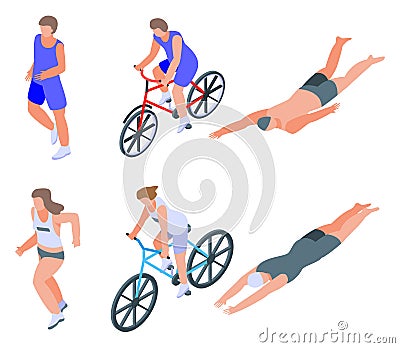 Triathlon icons set, isometric style Vector Illustration