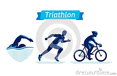 Triathlon logos or badges set. Vector figures triathletes on a white background. Swimming, cycling and running man. Flat Vector Illustration