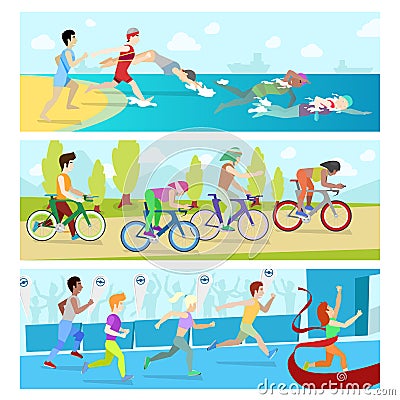 Triathlon sport competition race infographic for marathon vector illustration sportsmen people Vector Illustration