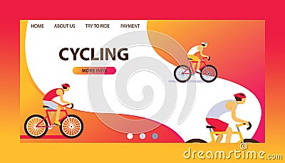 Triathlon track vector illustration. Cycling website design. Cartoon male cyclists riding a bike. Road cycling, cycling Vector Illustration