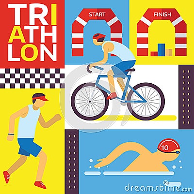 Triathlon track vector illustration. Swimming, riding, running banner. Fast sportsman in triathlon competition, exercise Vector Illustration