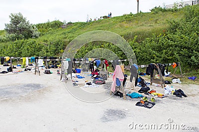 Transit area full of equipment at a triathlon Editorial Stock Photo