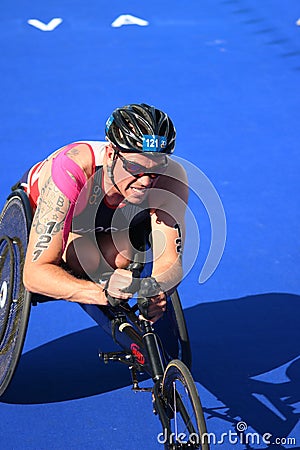 Triathlon triathlete sport healthy exercise paratriathlete wheelchair Editorial Stock Photo